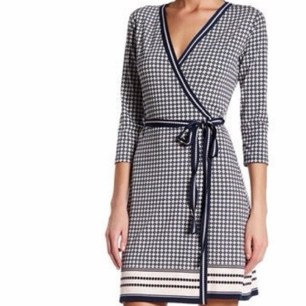 NWT Max Studio Navy Blue, Pink & White Jersey Knit Geo Wrap Dress Size Large